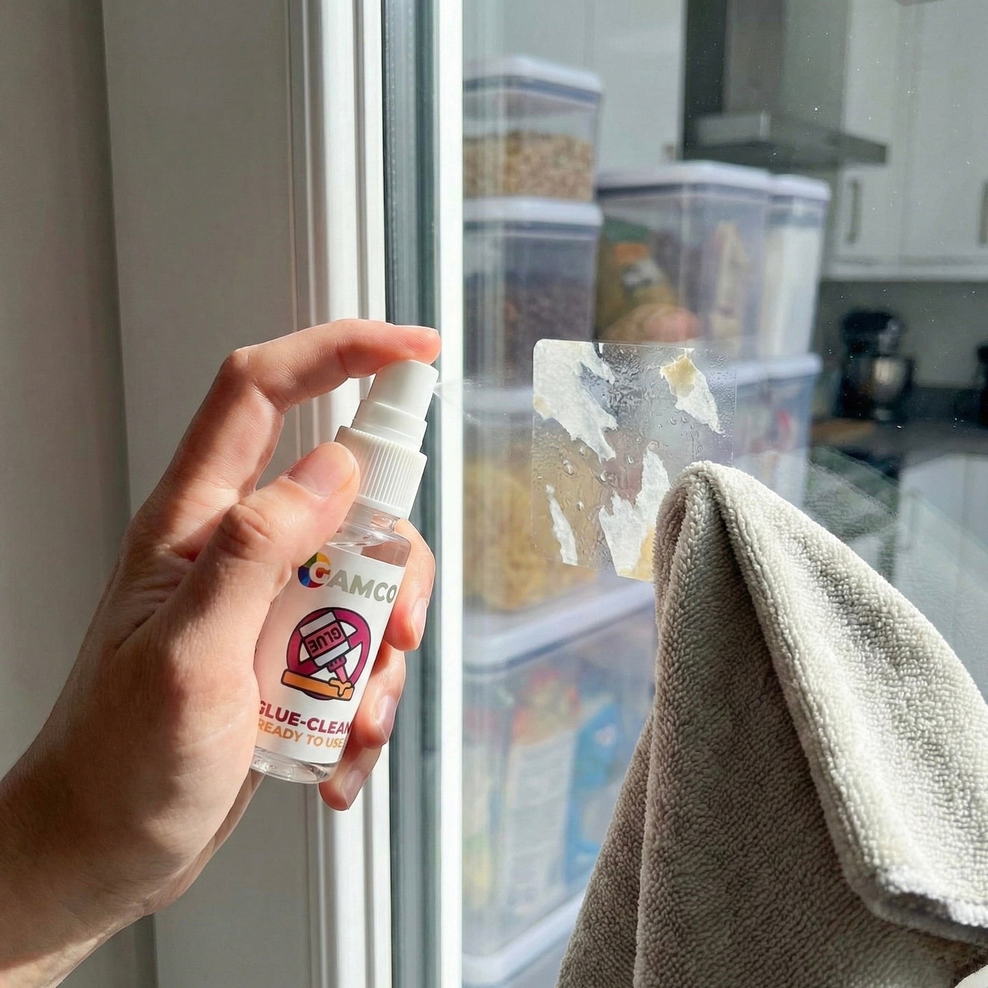 GAMCO Store Glue-Clean spray bottle being used to remove sticker residue from glass with a microfiber cloth.