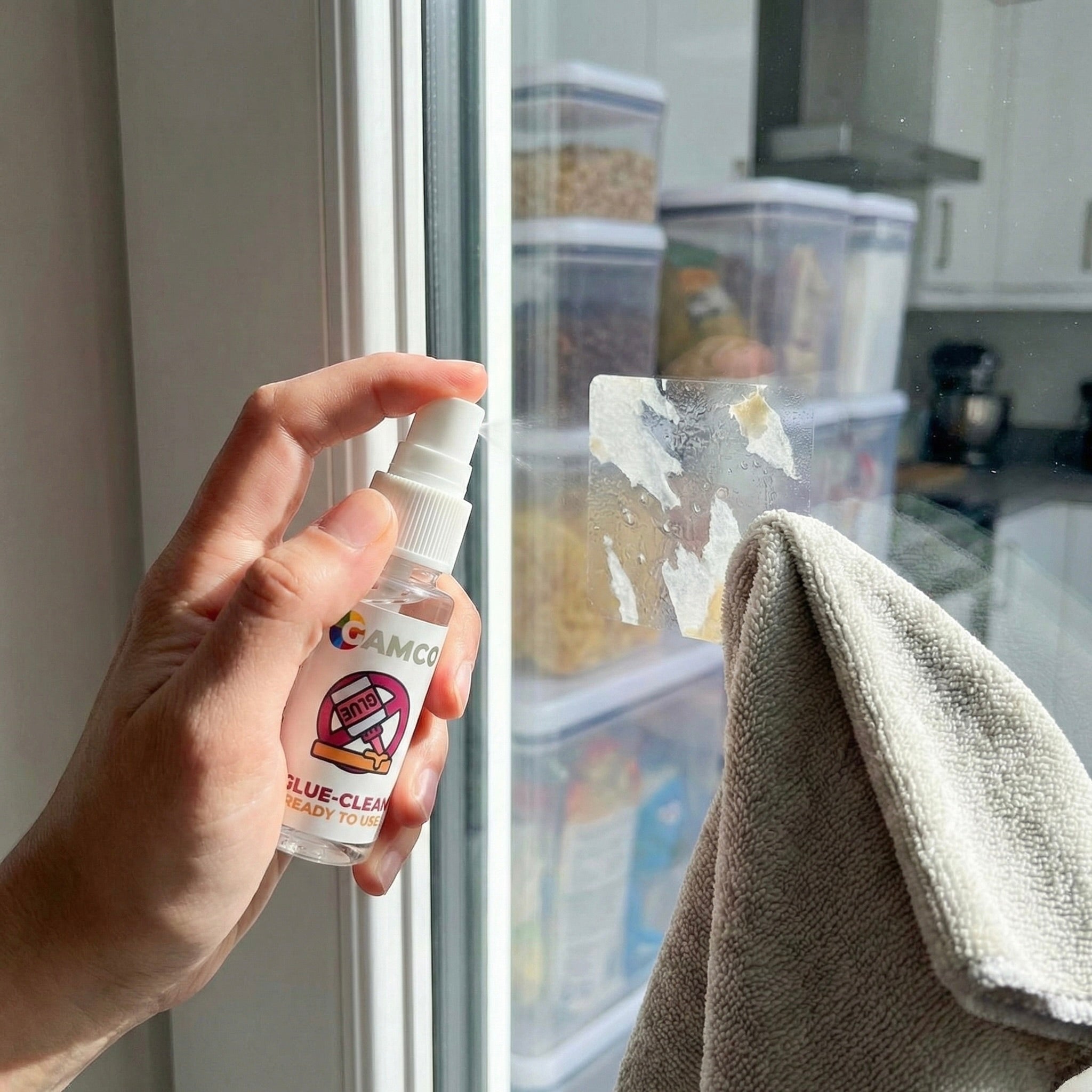 GAMCO Store Glue-Clean spray bottle being used to remove sticker residue from glass with a microfiber cloth.