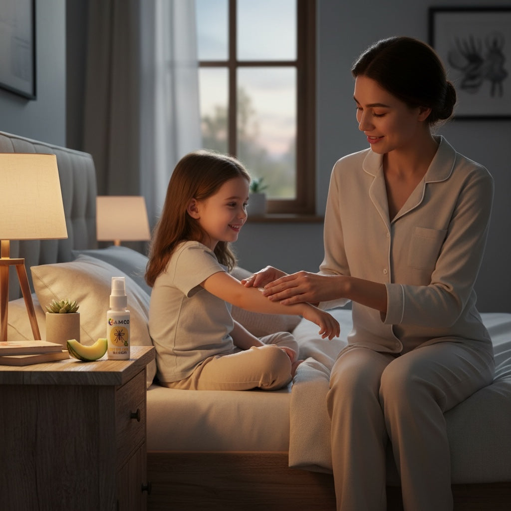GAMCO Store mother applies gentle melon-scented repellent lotion to child's arm for daily safety and bite relief.