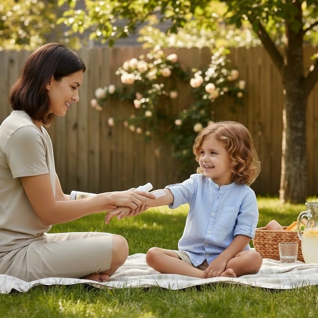 GAMCO Store mother applying white lotion to child's arm on a picnic blanket in a garden.