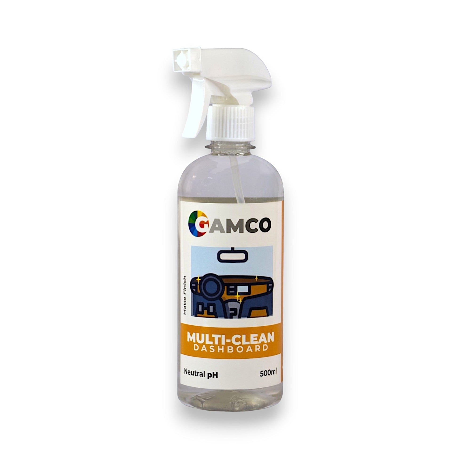 GAMCO Store Multi-Clean Dashboard spray bottle with a matte finish and neutral pH for car interiors.