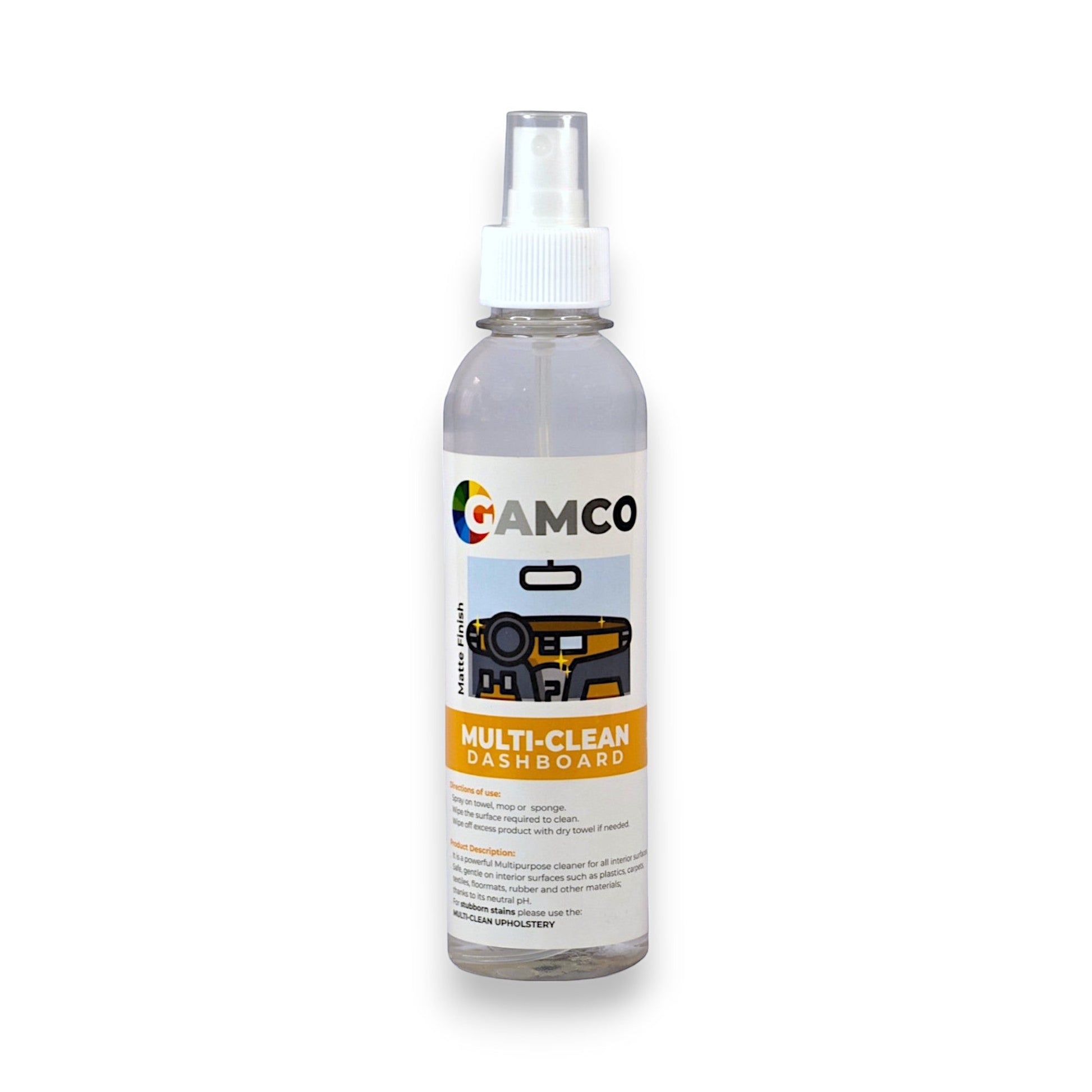 GAMCO Store Multi-Clean Dashboard spray bottle for car interiors, matte finish, gentle formula.