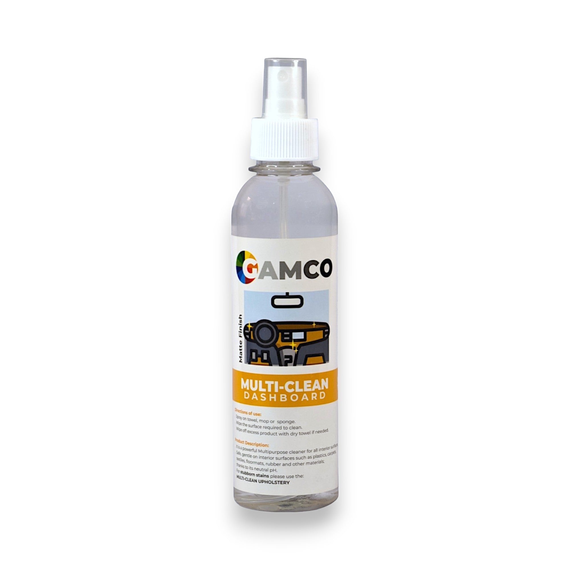 GAMCO Store Multi-Clean Dashboard spray bottle for car interiors, matte finish, gentle formula.