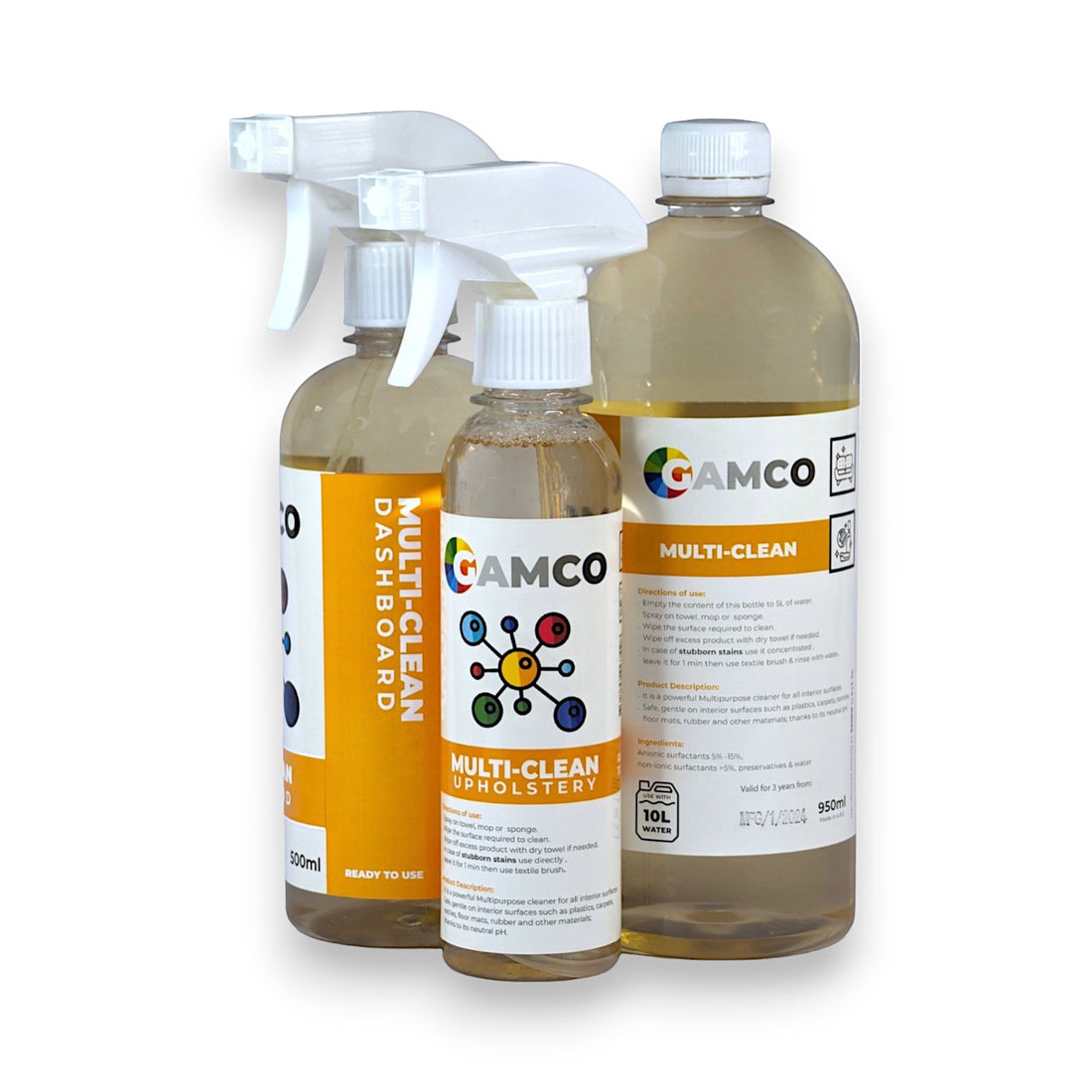 GAMCO Store Multi-Clean Upholstery cleaner spray bottle shown between a grey fabric sofa and a black leather car interior being cleaned with microfiber cloths.