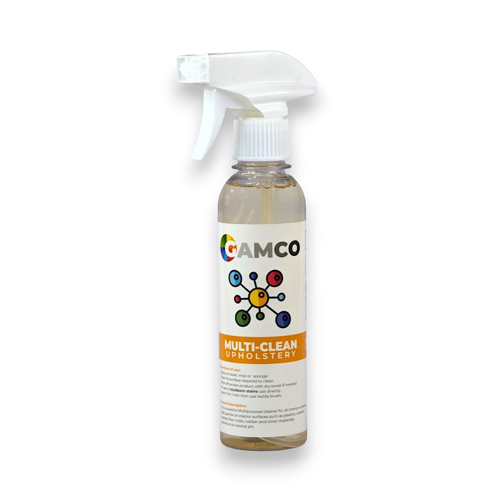 GAMCO Store Multi-Clean Upholstery cleaner spray bottle for fabric, leather, and alcantara. Gentle formula for furniture and car interiors.