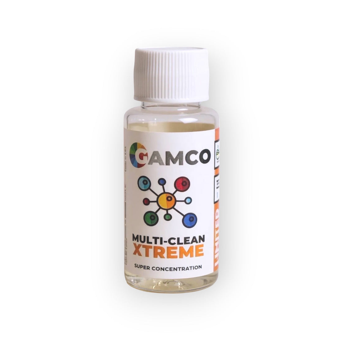 GAMCO Store Multi-Clean Xtreme ultra-concentrated fabric and leather cleaner bottle next to folded clothes and laundry basket.