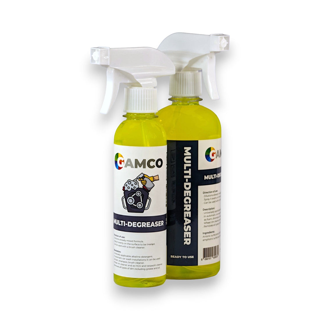 GAMCO Store Multi-Degreaser spray bottle next to a greasy engine block being cleaned with a brush.