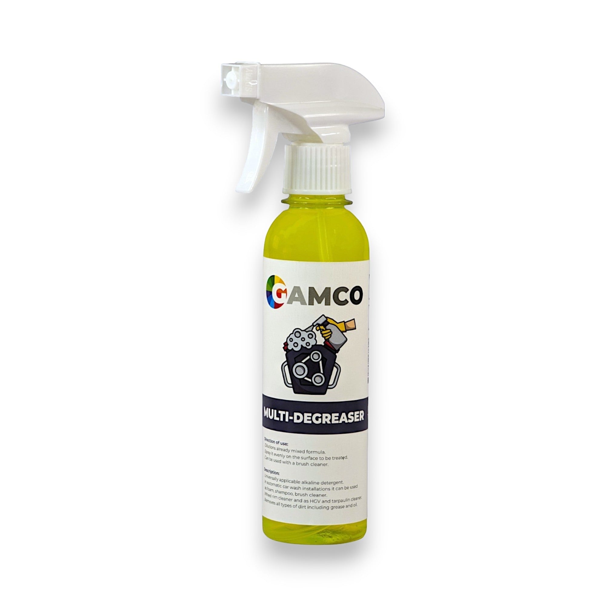 GAMCO Store Multi-Degreaser spray bottle with yellow liquid, designed for industrial cleaning of machinery, floors, and vehicles.