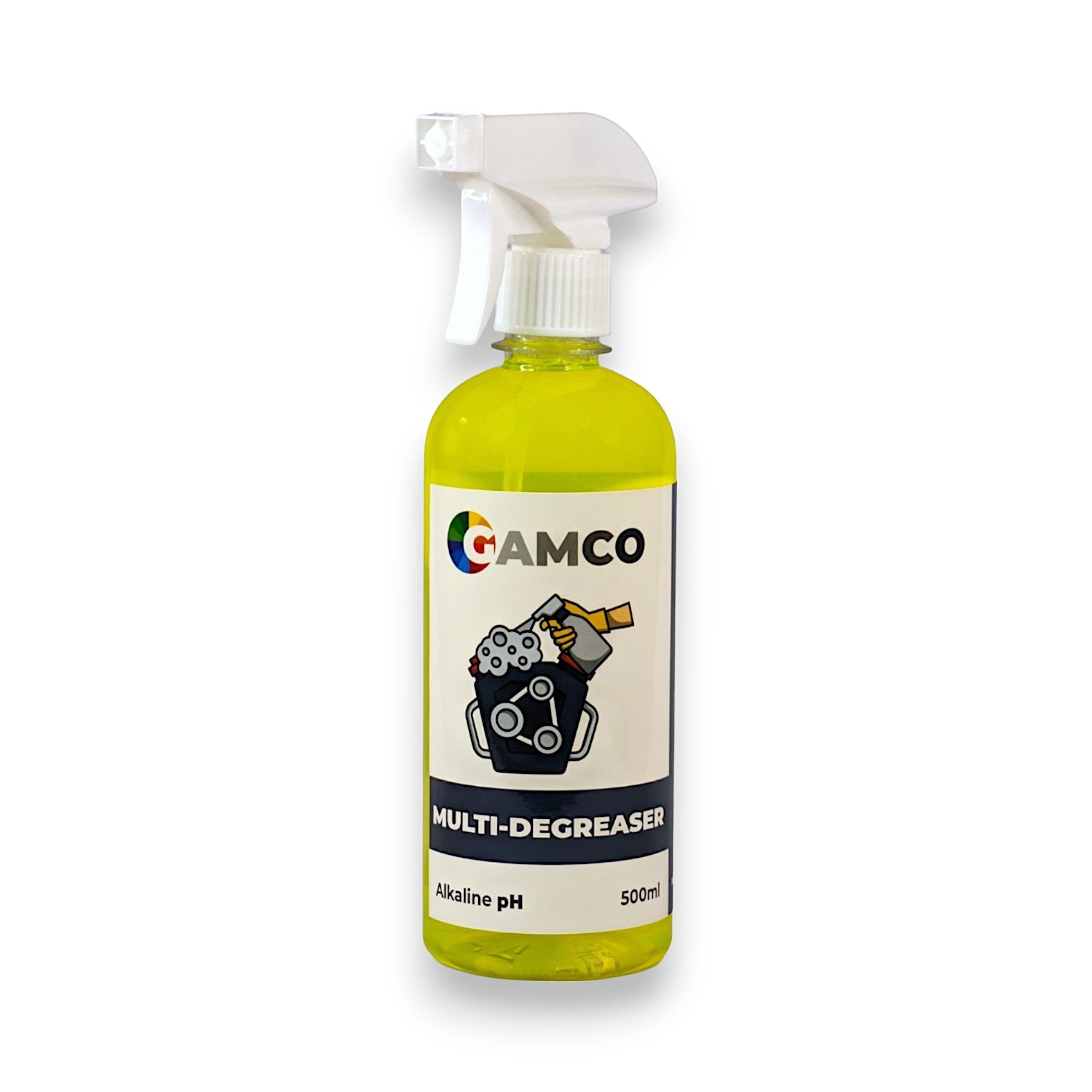 GAMCO Store Multi-Degreaser spray bottle with yellow liquid, alkaline pH, 500ml. Ideal for industrial cleaning.