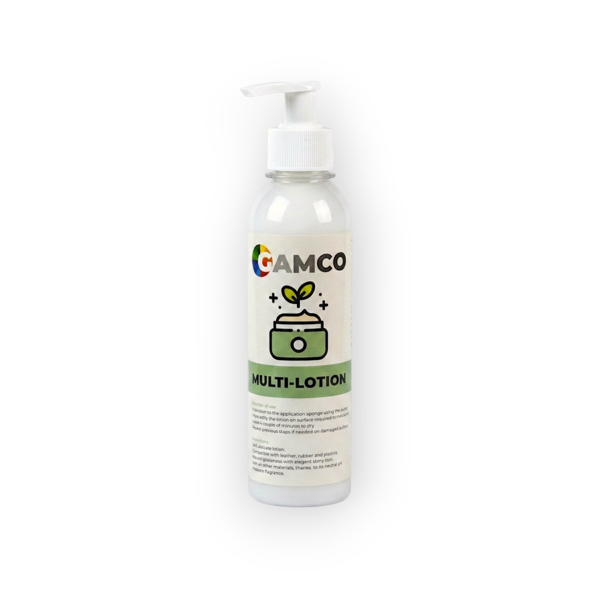 GAMCO Store Multi-Lotion pump bottle for cleaning and conditioning leather, wood, metal, plastic, and stone.