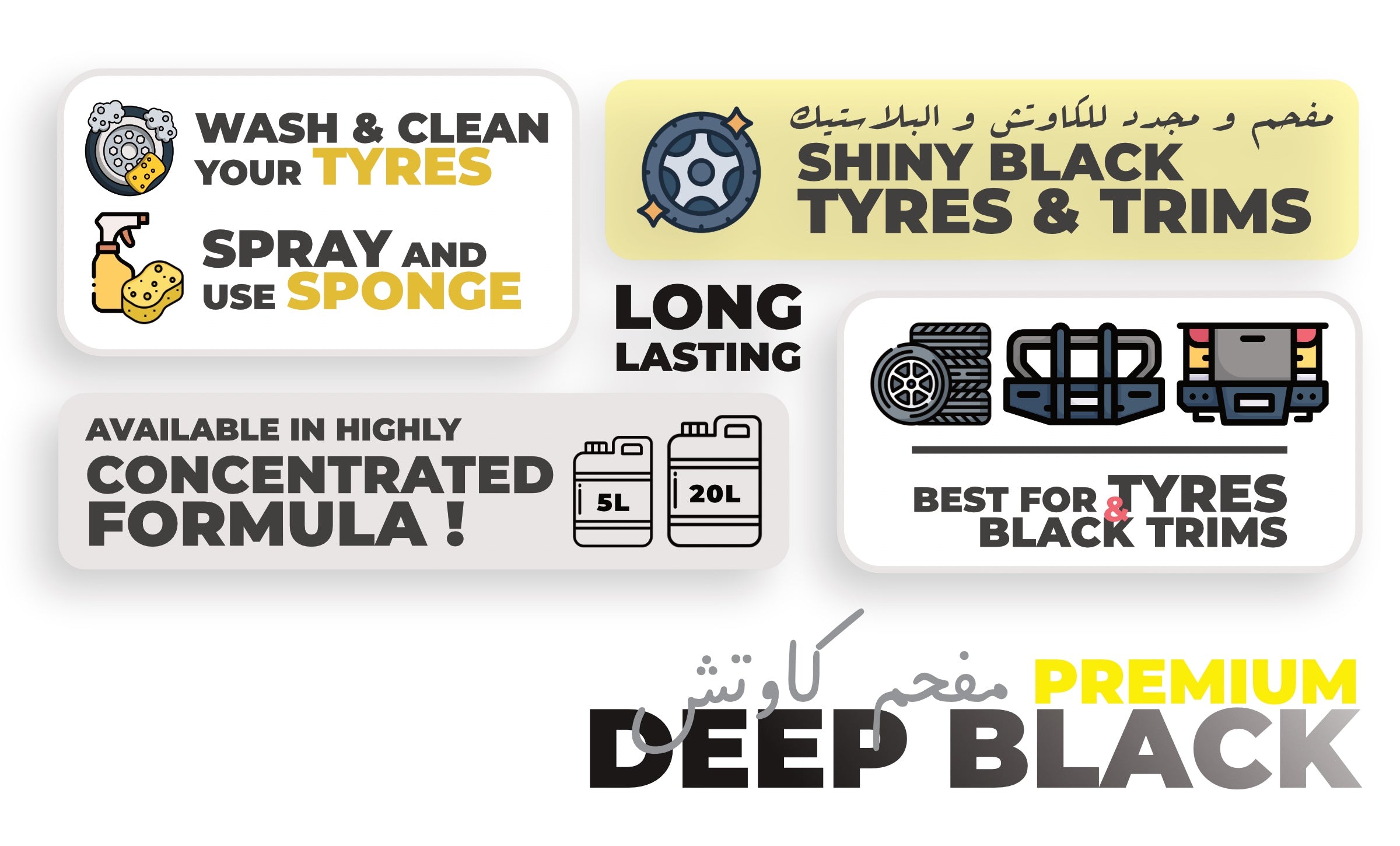 GAMCO Store Multi-Shine deep black restorer for tires and plastic trims, long-lasting protection, available in concentrated formula.