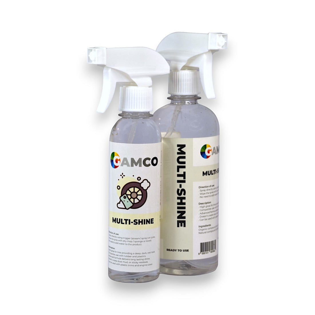 GAMCO Multi-Shine restorer spray bottle and blue applicator sponge next to a car tire and orange body panel.