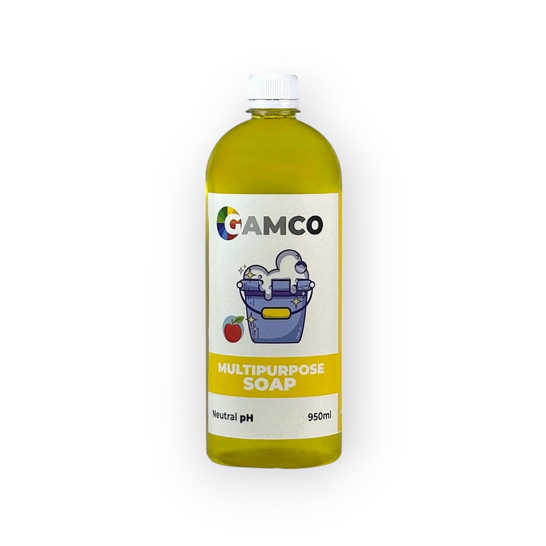 GAMCO Store Multipurpose Soap bottle next to a yellow cleaning bucket with a blue cloth. Neutral pH, 950ml.