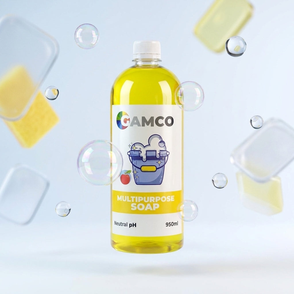 GAMCO Store 950ml Multi-Purpose Soap concentrate in a clear bottle with yellow liquid, floating bubbles, and sponges.