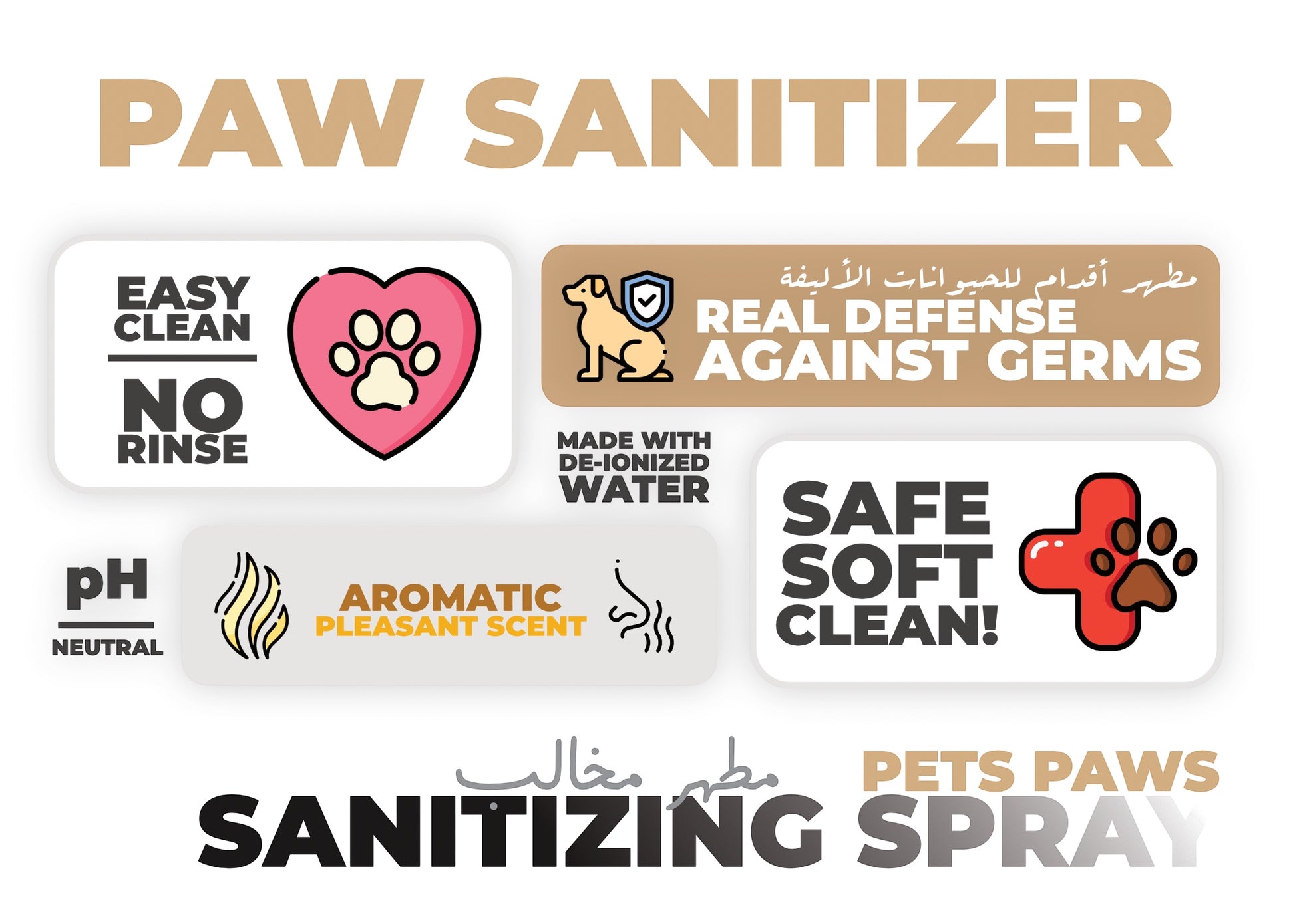 GAMCO Store Paw Sanitizer spray: easy clean, no rinse, safe, soft, and effective for pets' paws. Water-based, pH neutral, pleasant scent.