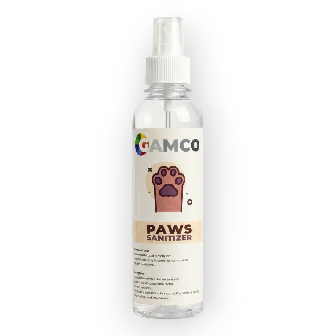 GAMCO Store golden retriever dog lying on a rug next to a bottle of colorless paw sanitizer spray.