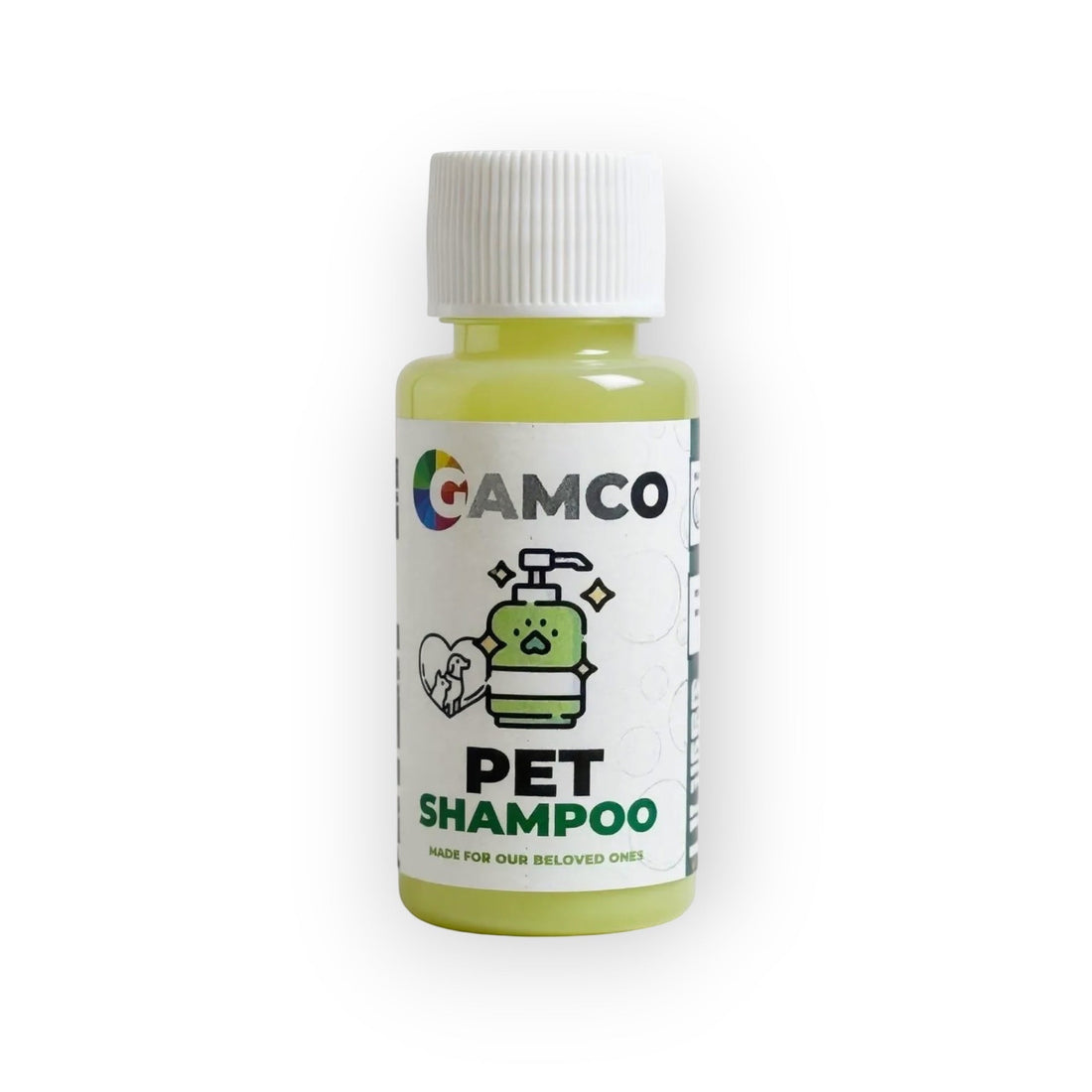 GAMCO Store pet shampoo bottle next to a fluffy cat with soap on its head in a bathtub.