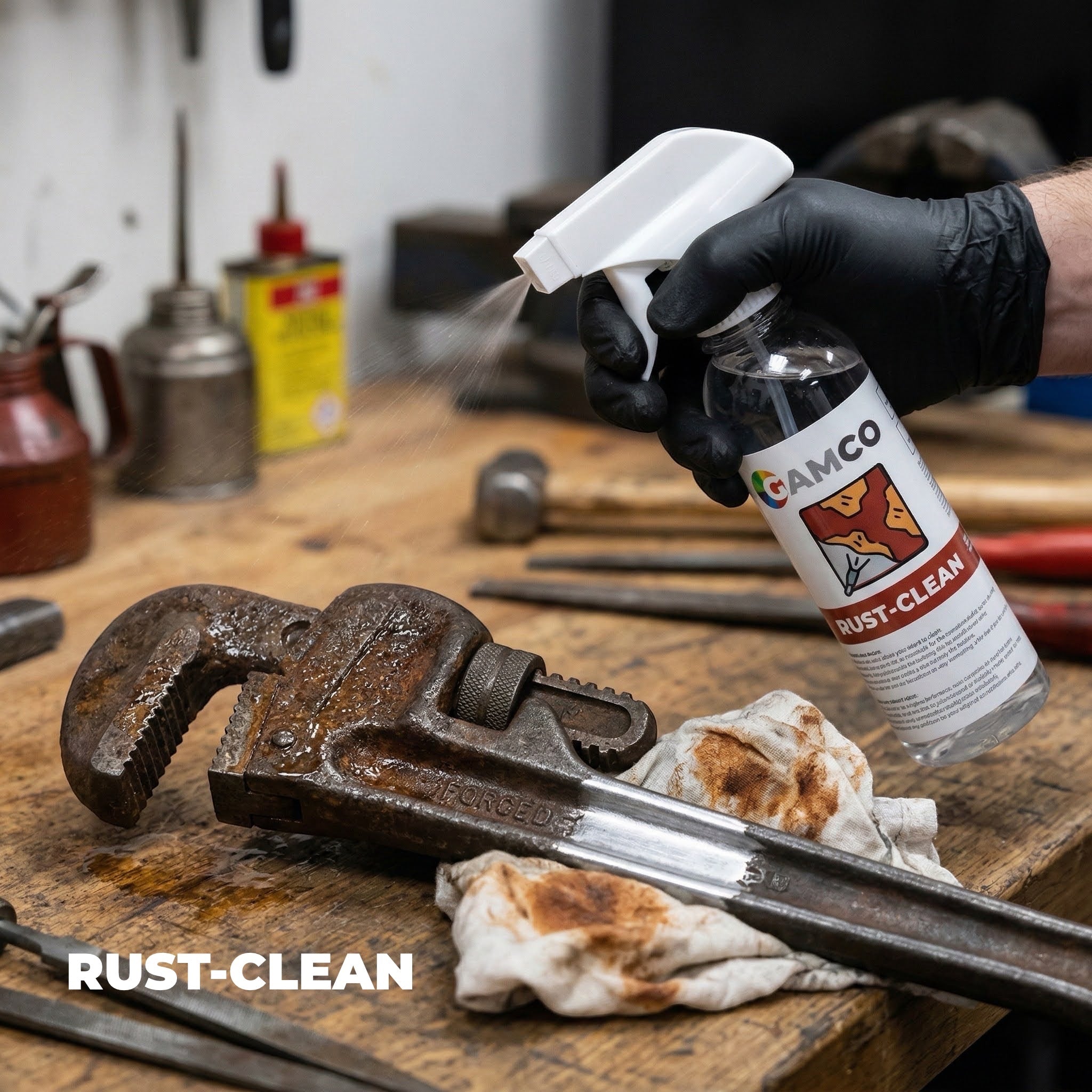 GAMCO Store hand in black glove spraying Rust Clean on a heavily rusted pipe wrench on a wooden workbench.