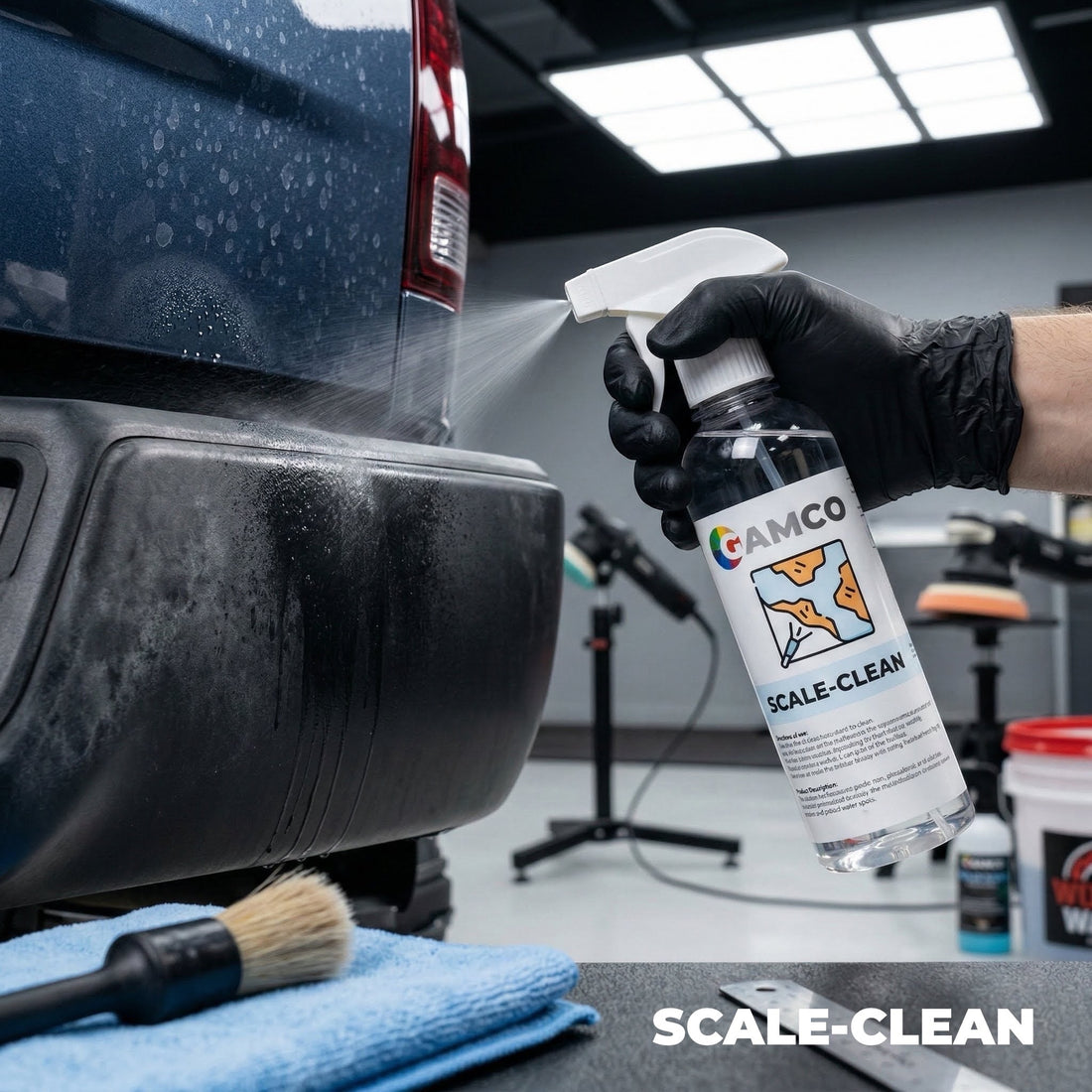 GAMCO Store hand in black glove sprays Scale Clean onto a weathered black plastic car bumper to remove water spots and mineral haze.