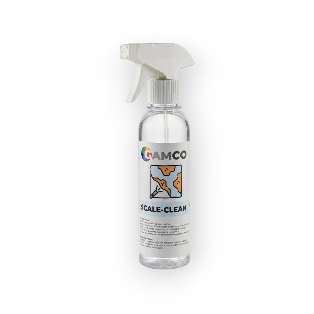 GAMCO Store hand in black glove sprays Scale Clean onto a weathered black plastic car bumper to remove water spots and mineral haze.