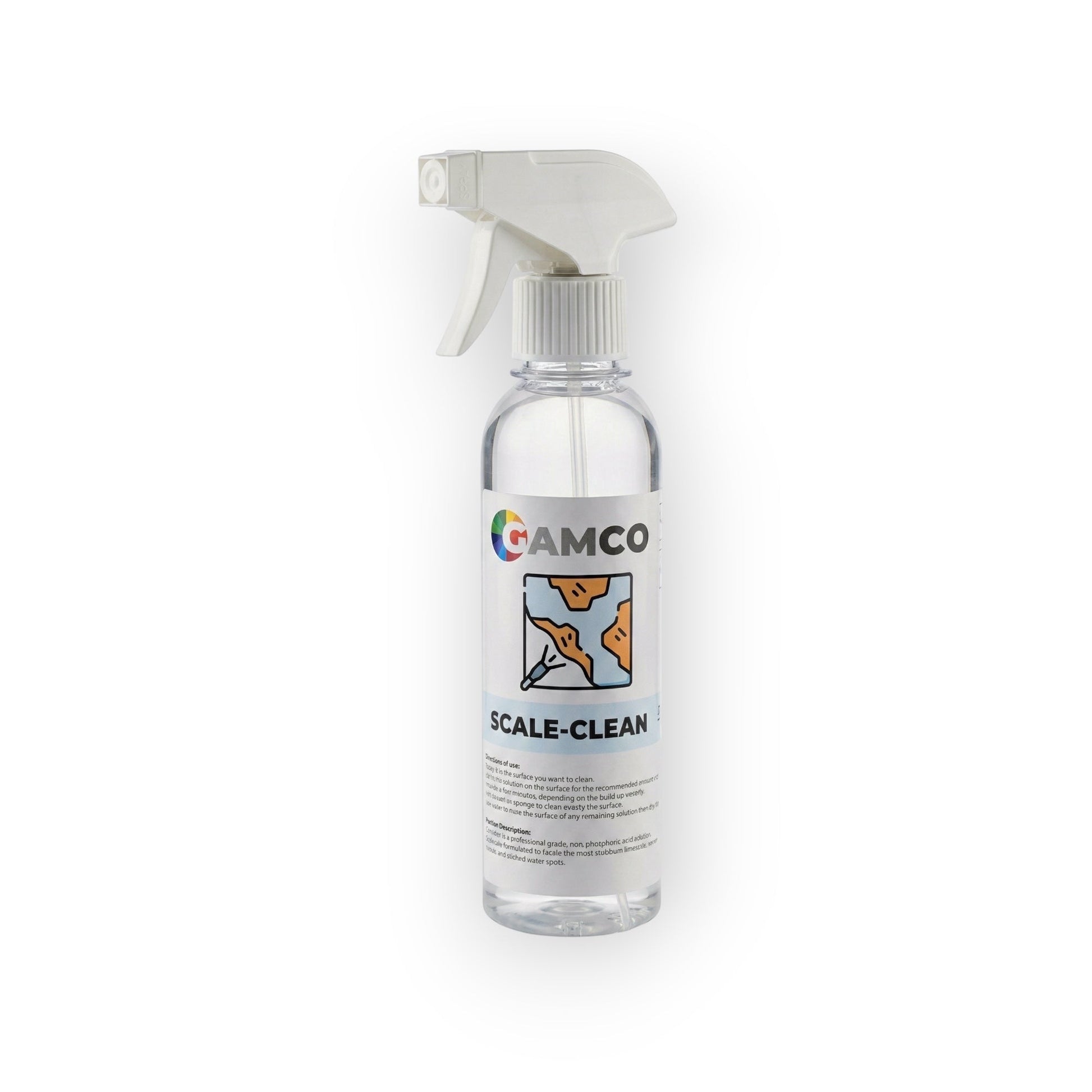 GAMCO Store Scale Clean spray bottle for removing limescale and water spots from automotive trim, glass, and household surfaces.