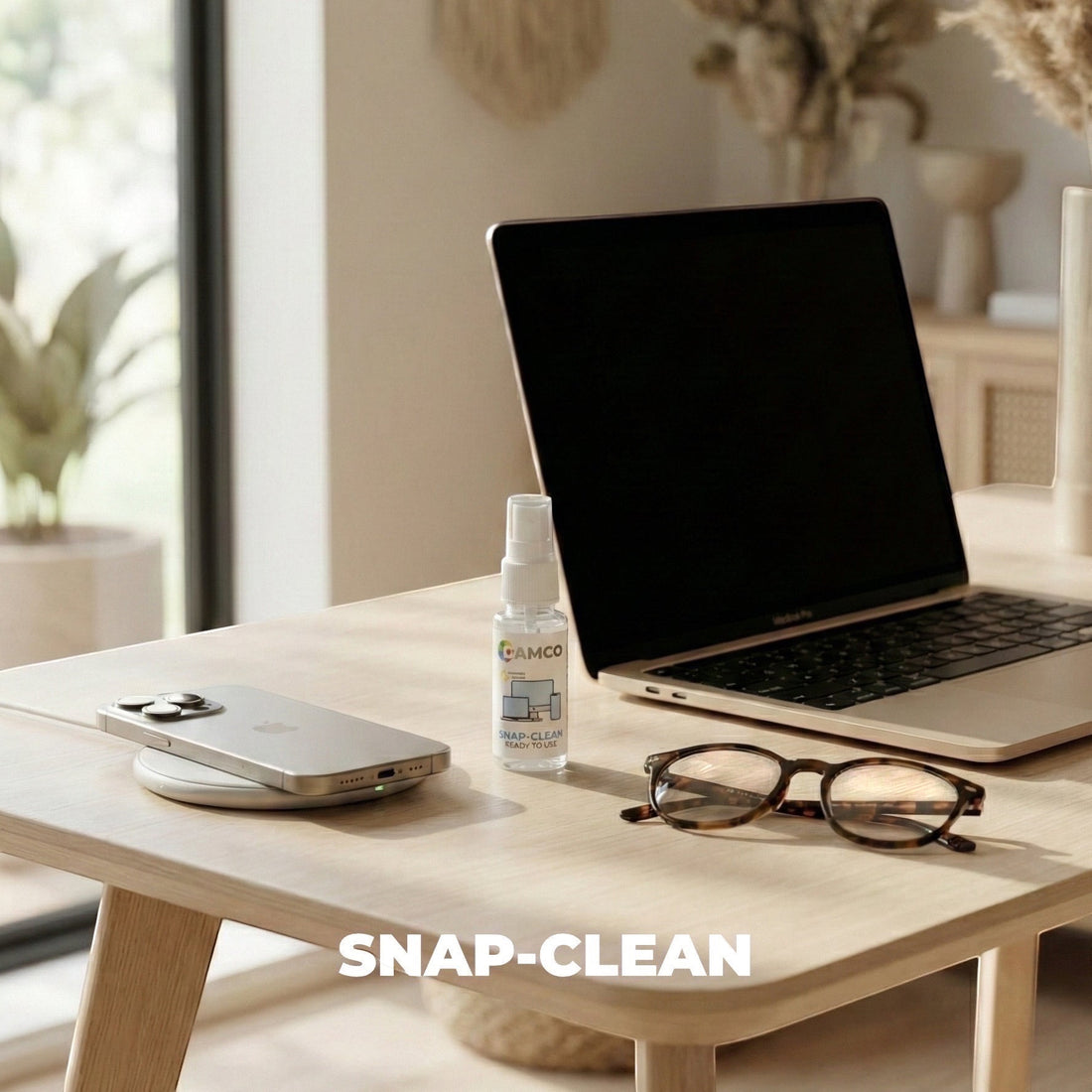 GAMCO Store Snap-Clean 30ml spray bottle on a desk with a laptop, smartphone, and glasses.
