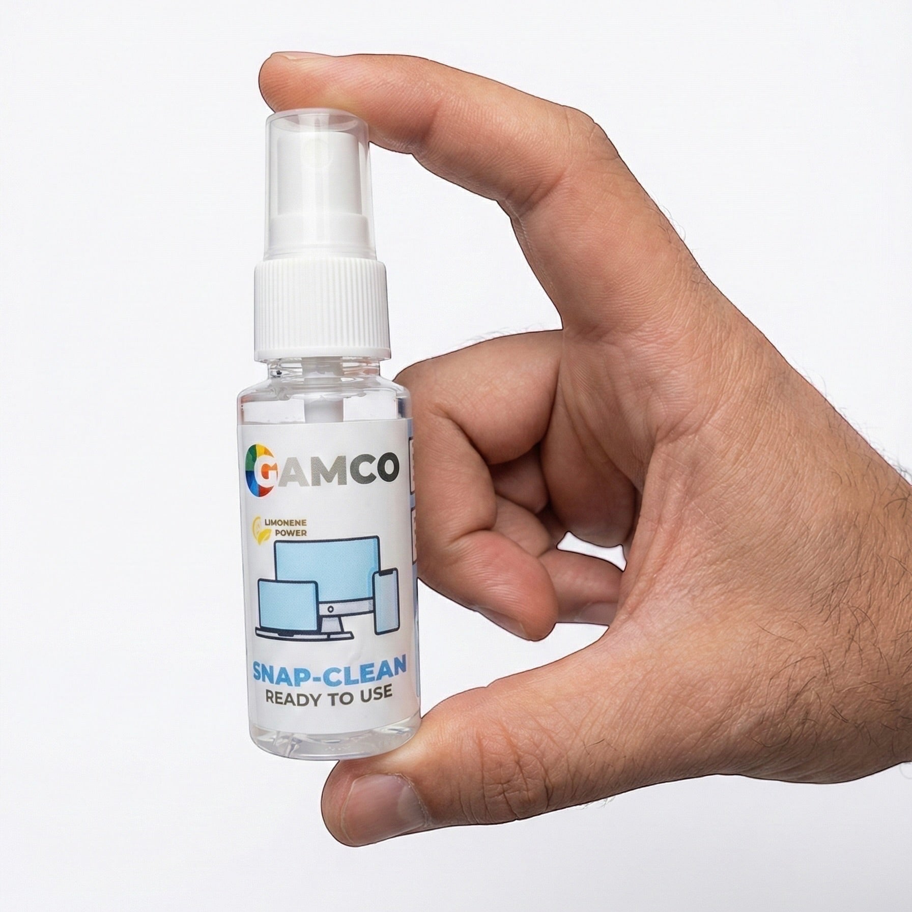 GAMCO Store Snap-Clean 30ml spray cleaner with Limonene Power for electronics, screens, and eyewear.