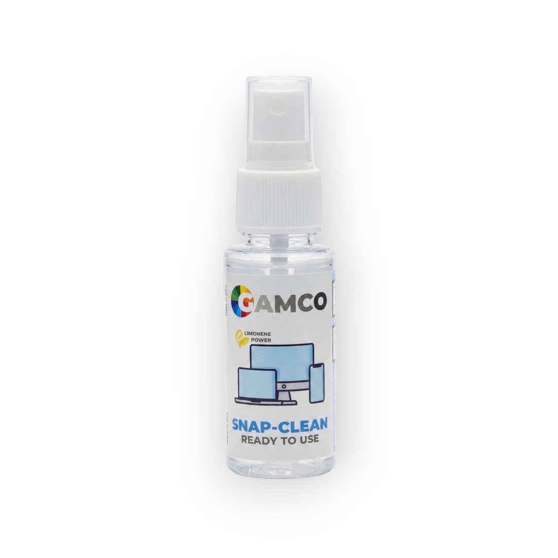 GAMCO Store Snap-Clean 30ml spray bottle on a desk with a laptop, smartphone, and glasses.