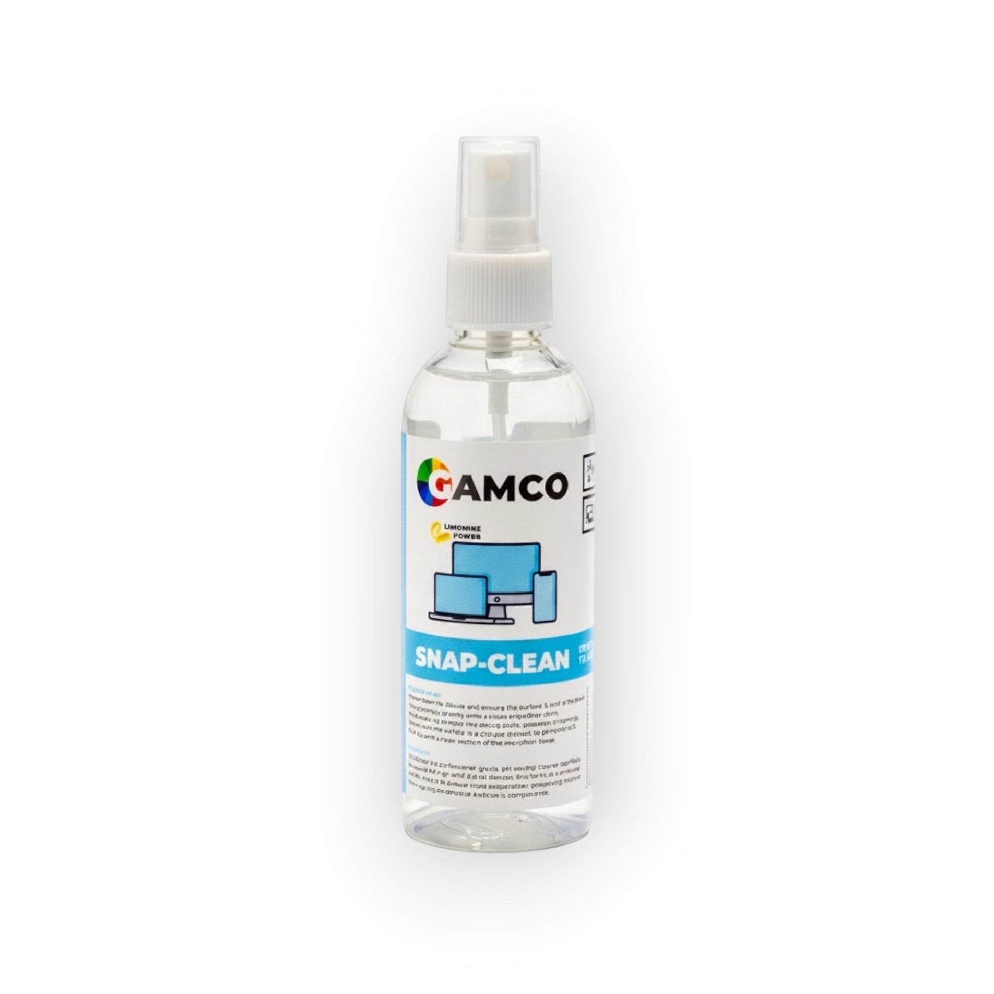GAMCO Store Snap-Clean 30ml spray bottle with a clear liquid cleaner, designed for electronics and optics.