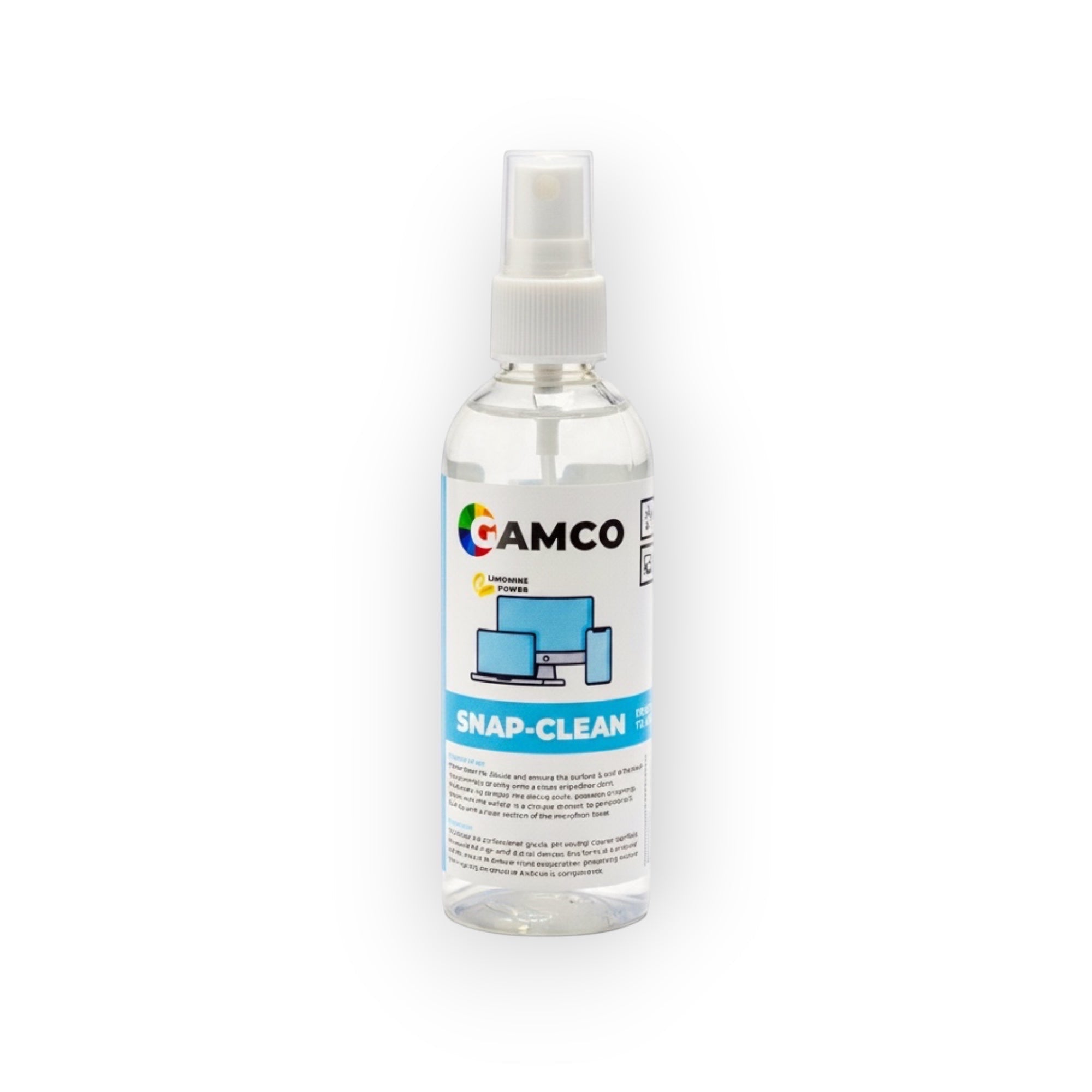 GAMCO Store Snap-Clean 30ml spray bottle with a clear liquid cleaner, designed for electronics and optics.
