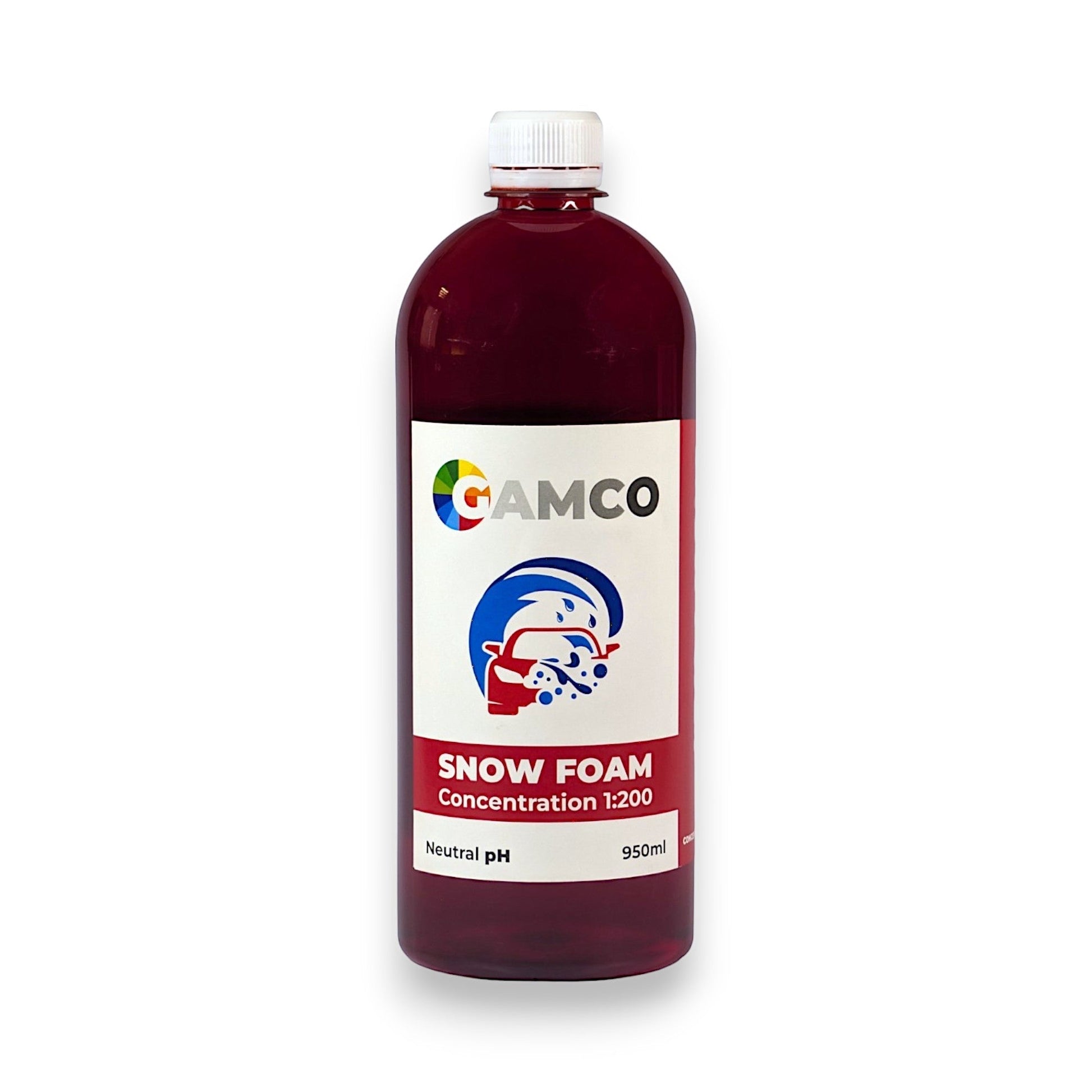 GAMCO Store Snow Foam Concentrated car wash soap in a 950ml bottle with red liquid and a neutral pH.