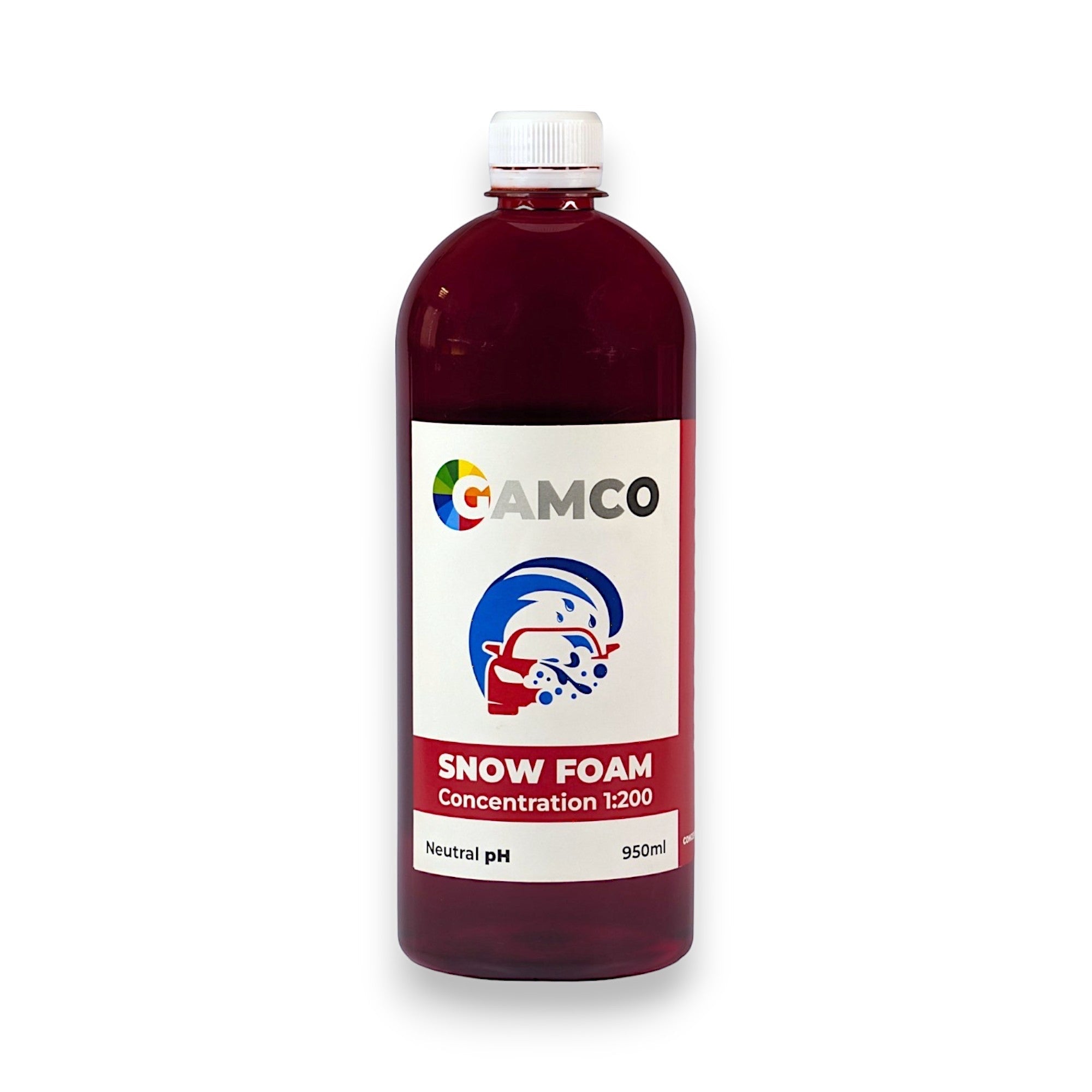 GAMCO Store Snow Foam Concentrated car wash soap in a 950ml bottle with red liquid and a neutral pH.