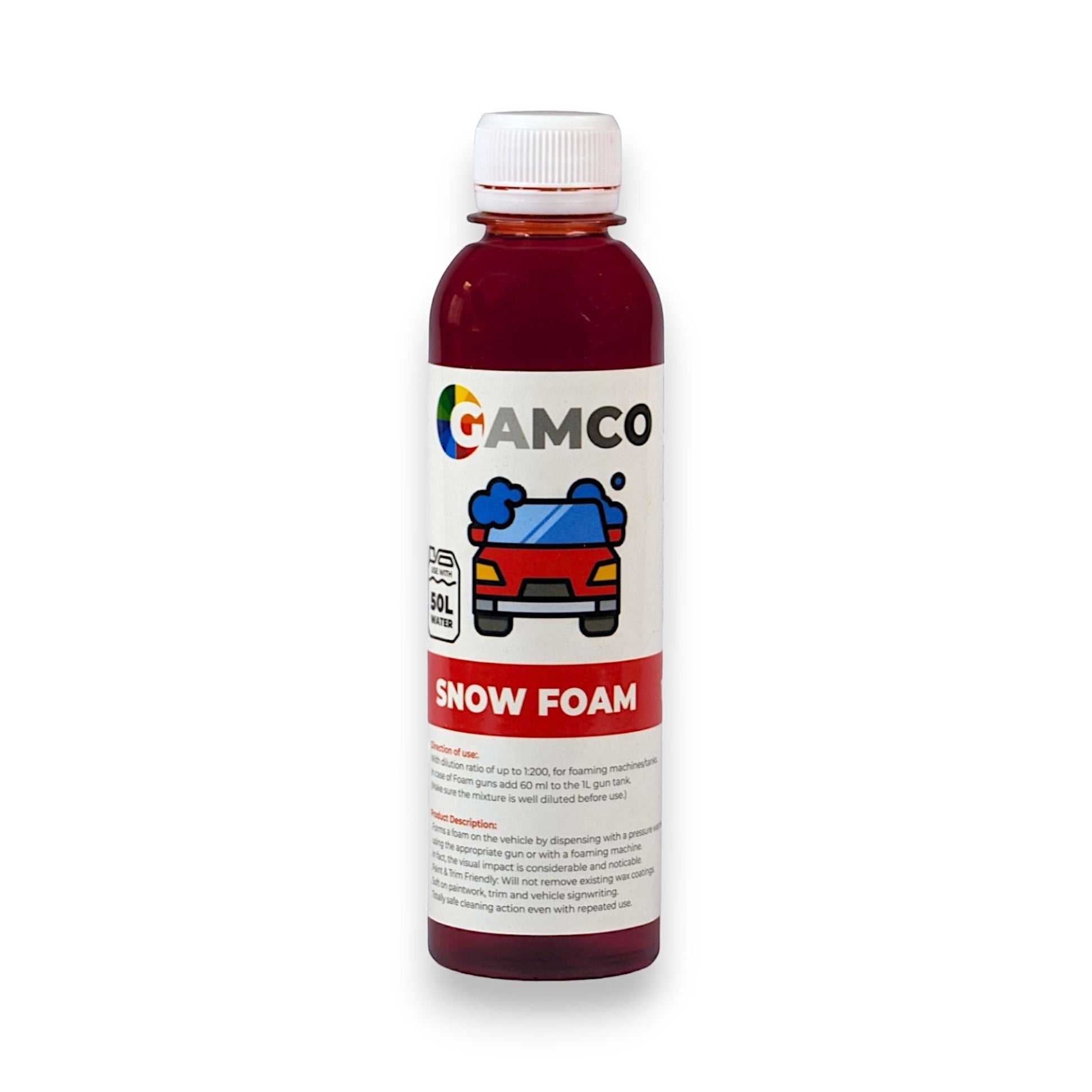 GAMCO Store Snow Foam concentrated car wash soap in a red bottle with a cartoon car covered in foam.