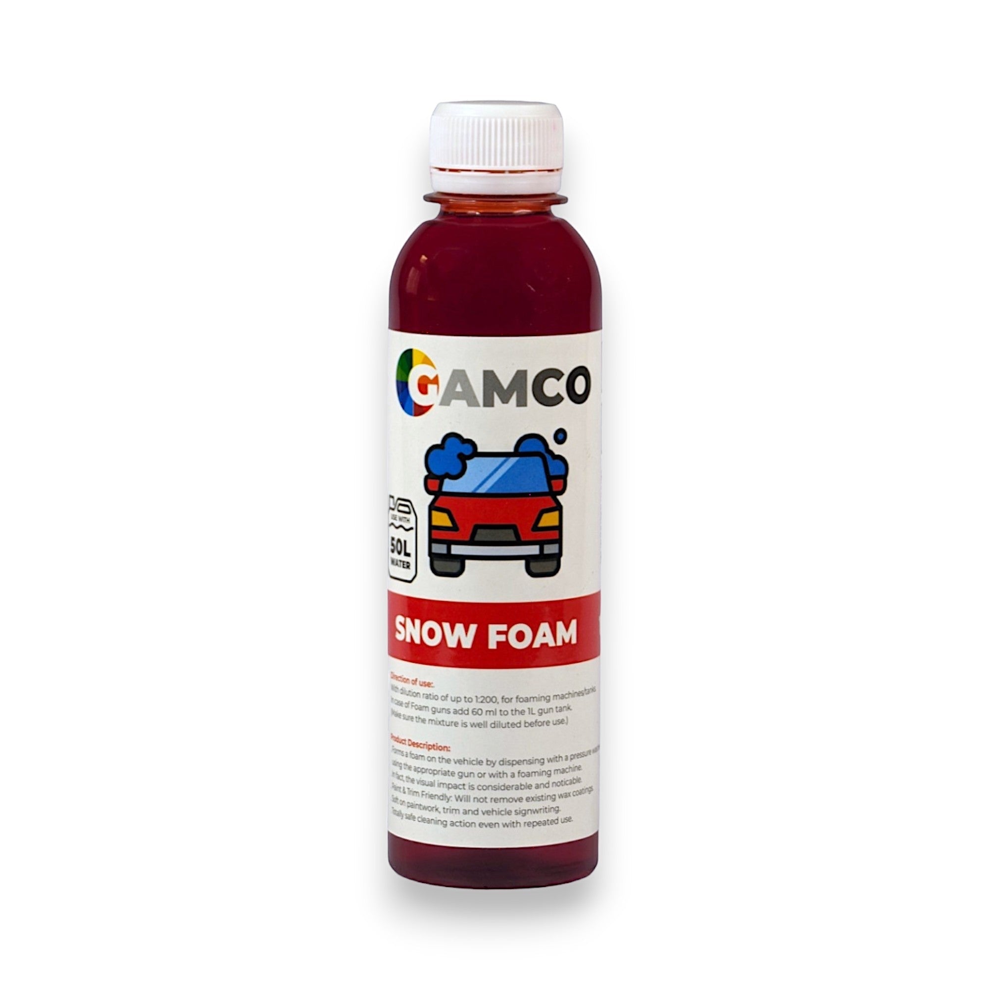 GAMCO Store Snow Foam concentrated car wash soap in a red bottle with a cartoon car covered in foam.