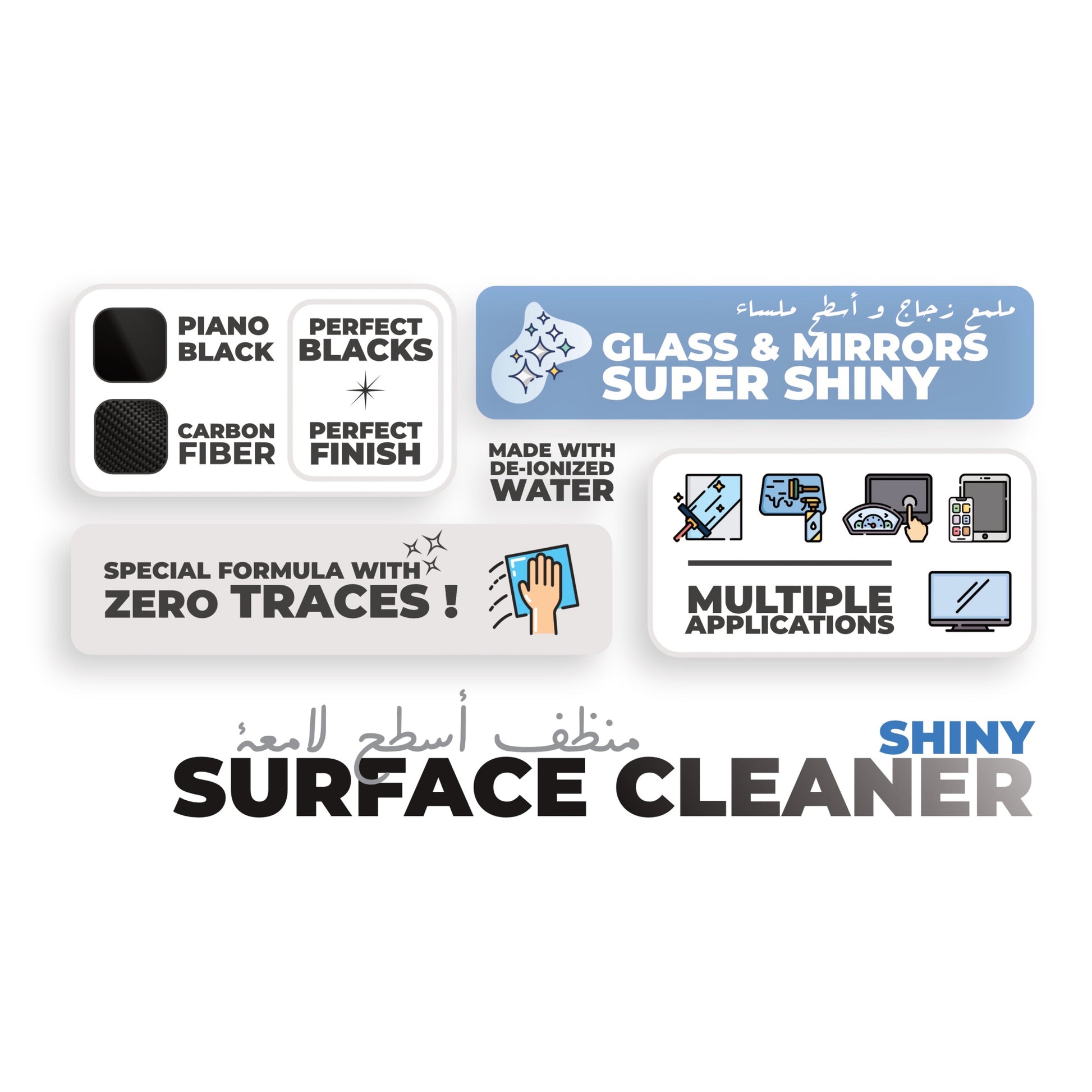 GAMCO Store surface cleaner infographic showing features like zero traces, de-ionized water, and multiple applications.