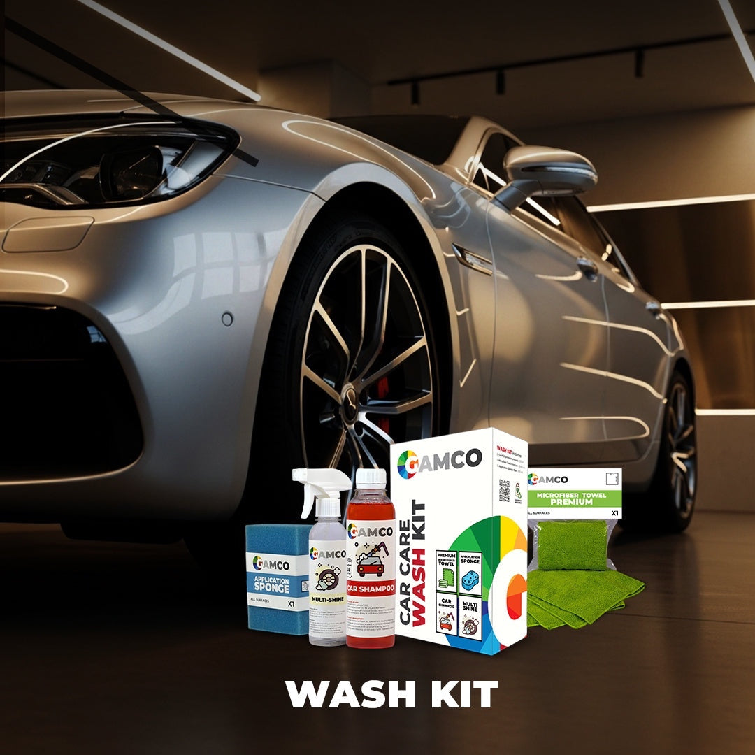 GAMCO Store Wash Kit includes car shampoo, multi-shine spray, application sponge, and microfiber towels for a complete car cleaning experience.