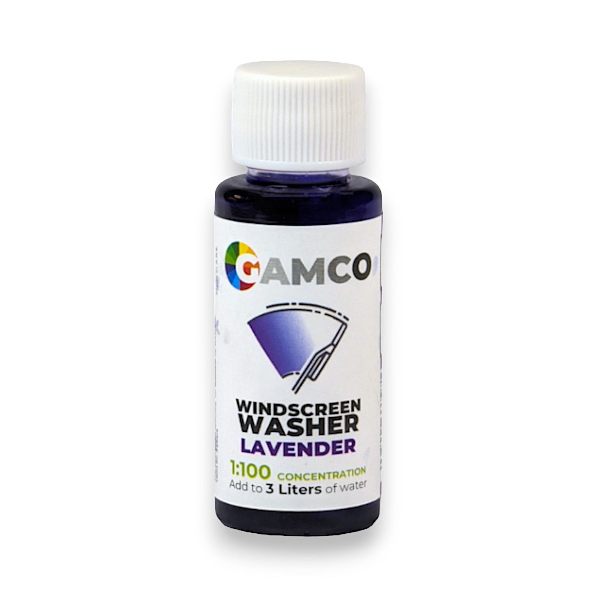 GAMCO Store windscreen washer fluid concentrate in lavender scent, 30ml bottle, 1:100 concentration for 3 liters of fluid.