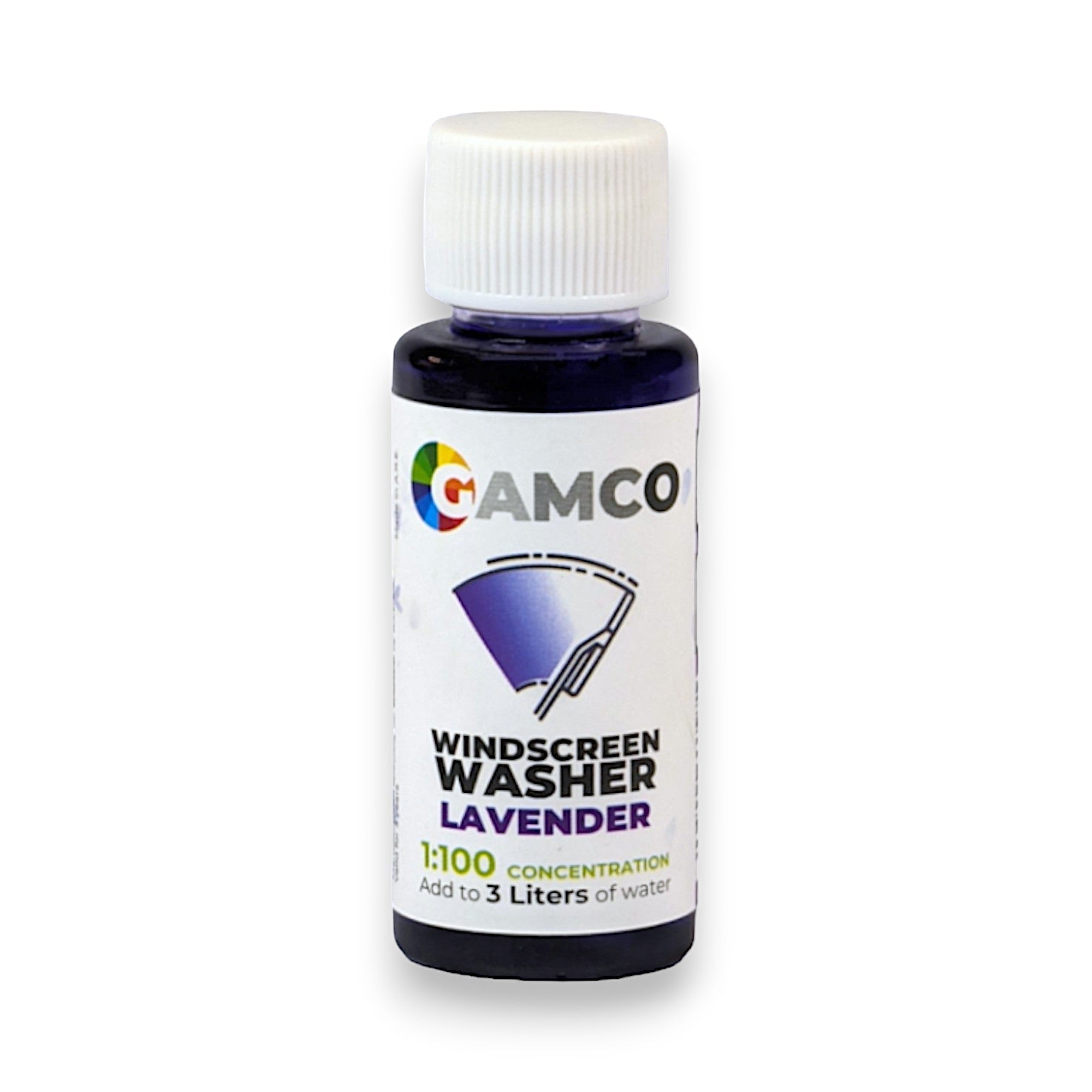 GAMCO Store windscreen washer fluid concentrate in lavender scent, 30ml bottle, 1:100 concentration for 3 liters of fluid.