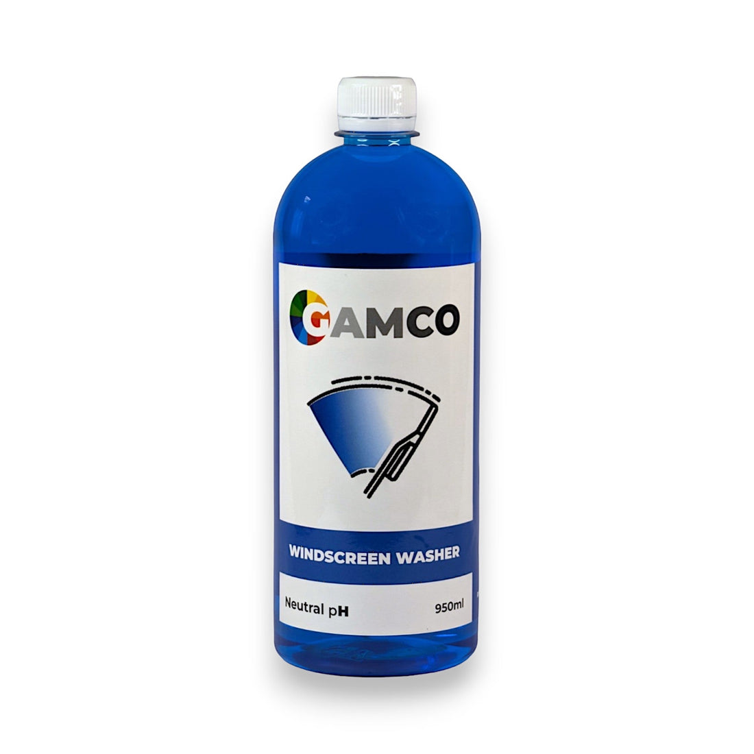 GAMCO Store 950ml bottle of blue windscreen washer fluid, premixed for cars. A hand wipes a car windshield with a cloth.